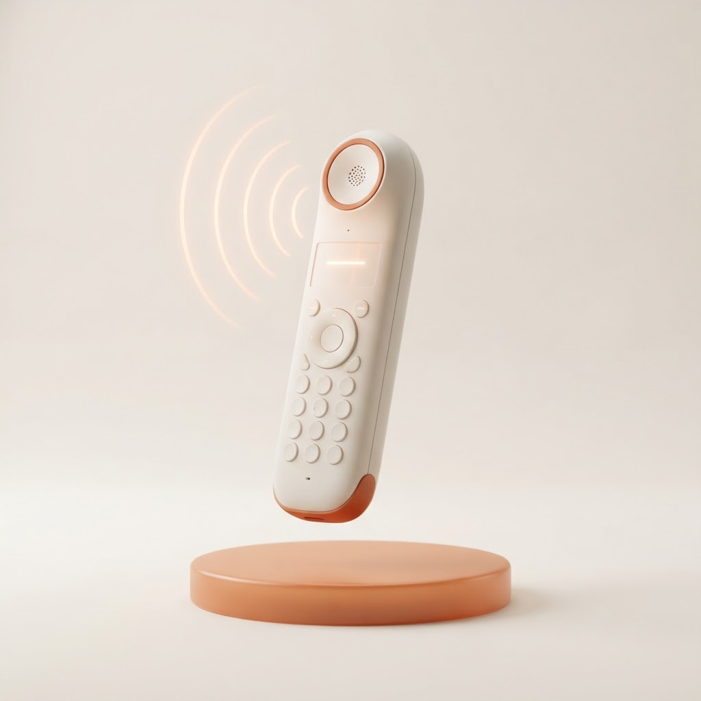 A sculptural cream phone with warm orange details and radiating sound waves
