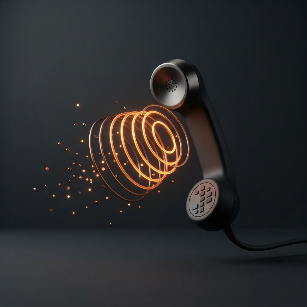A sculptural black telephone receiver sending warm orange signal rings outward