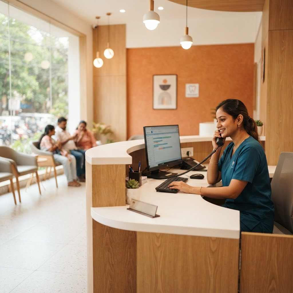 A busy dental clinic reception desk with a ringing phone